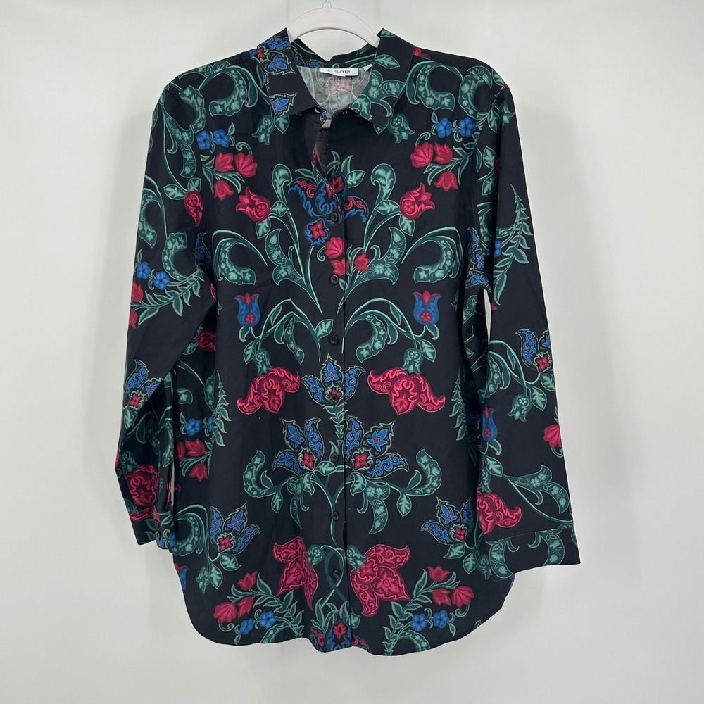 Chicos Womens Damask Dark Floral Top Size 2 US 12 Moody Boho Tunic Artsy